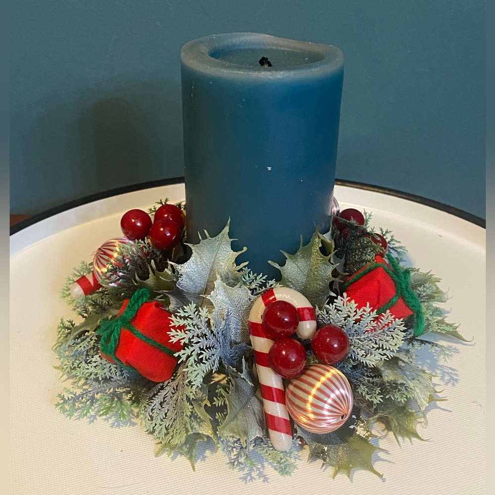 Vintage Christmas Plastic Candle Wreath - Holly,  Berries, Candy Canes Presents